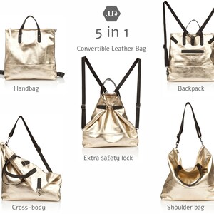 Op de afbeelding: Een gouden leren tas met meerdere banden en gespen. De tas kan worden gedragen als een handtas, rugzak, schoudertas of crossbody-tas. De tekst "5 in 1 Convertible Leather Bag" wordt boven de tas weergegeven.