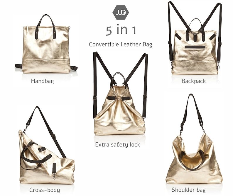 Puede incluir: Un bolso de cuero de color dorado con m&uacute;ltiples correas y hebillas. El bolso se puede llevar como bolso de mano, mochila, bolso de hombro o bolso bandolera. El texto "5 en 1 Bolso de cuero convertible" se muestra encima del bolso.