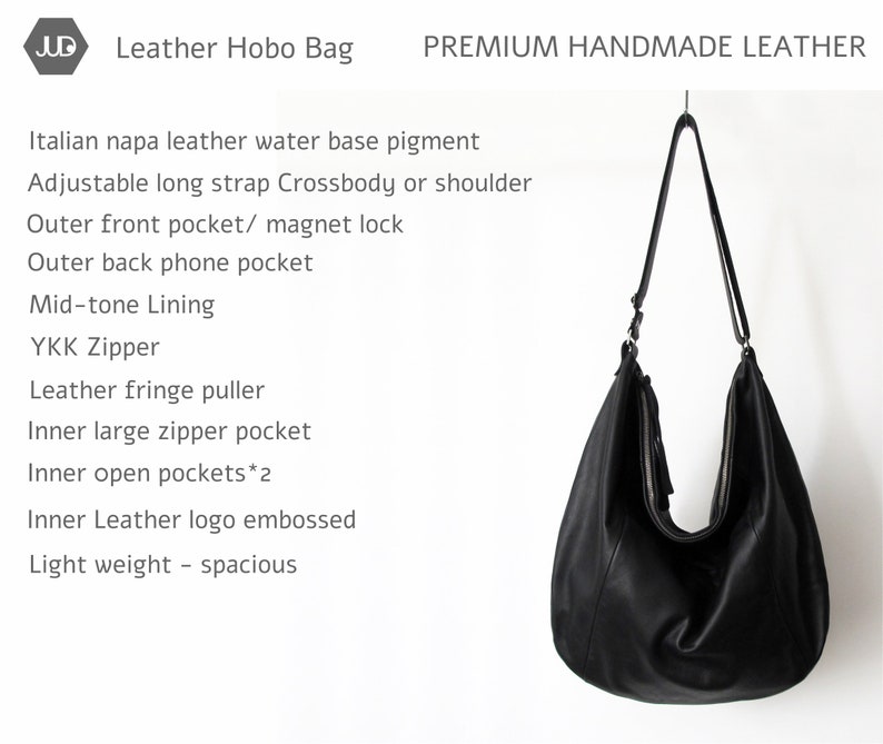May include: Black leather hobo bag with a long adjustable strap. The bag has a front pocket with a magnetic closure, a back pocket, and a fringe puller. It features a YKK zipper and an embossed leather logo.  PREMIUM HANDMADE LEATHER.