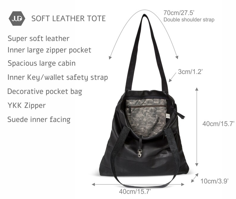 Black leather tote with zipper black leather bag women SALE soft leather handbag- leather shoulder bag large leather bag slouchy leather bag image 5