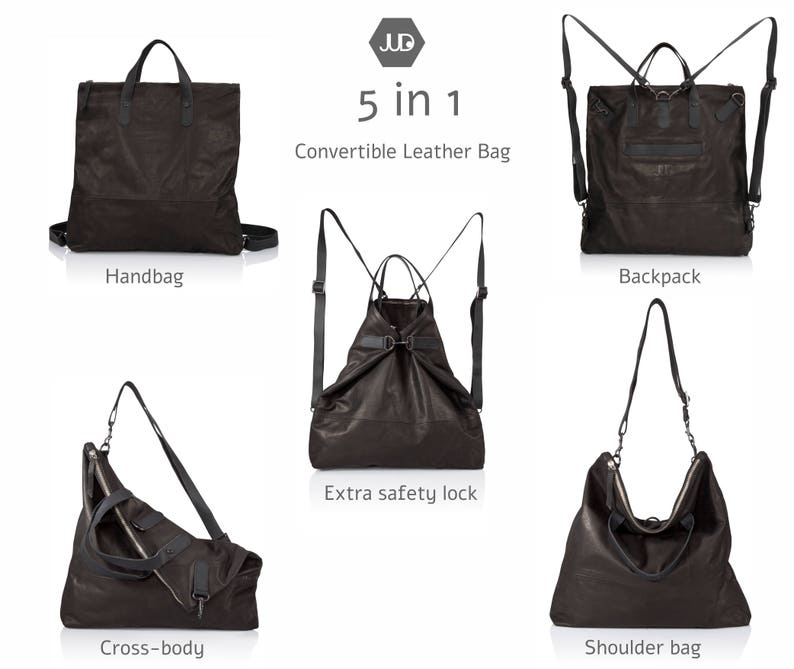 May include: A black leather bag that can be worn as a handbag, backpack, shoulder bag, or crossbody bag. The bag has a zipper closure and a buckle on the front. The bag is 5 in 1 convertible.