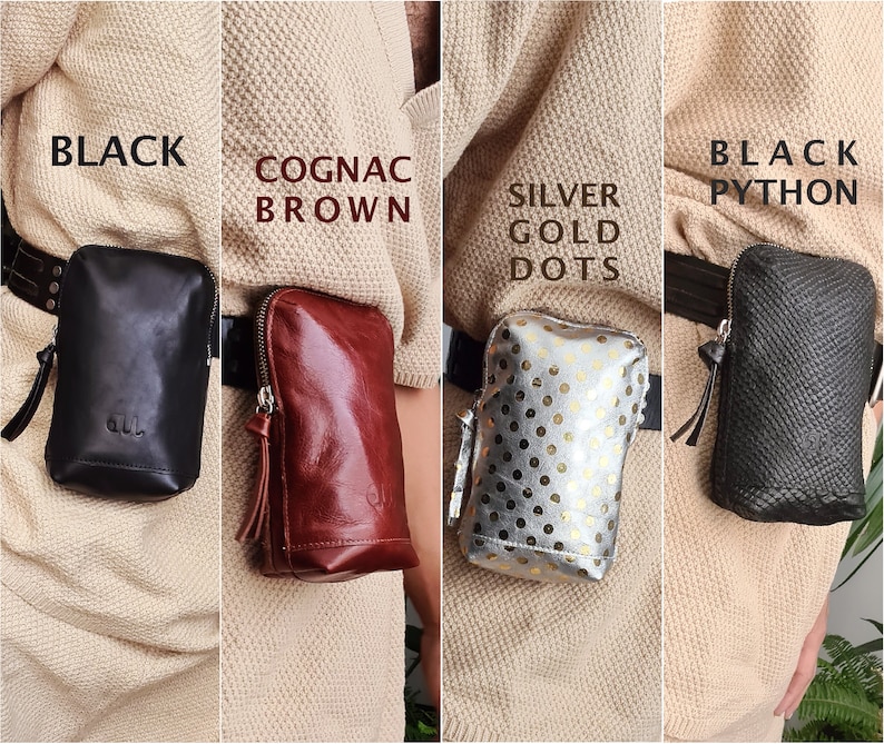 K&ouml;nnte beinhalten: Vier verschiedene Stile von Leder-Bauchtaschen. Die erste ist aus schwarzem Leder, die zweite aus cognacbraunem Leder, die dritte ist silber mit goldenen Punkten und die vierte ist aus schwarzem Python-Leder.