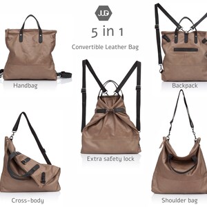 Op de afbeelding: Een bruine leren tas met meerdere banden en gespen, die vijf verschillende manieren laat zien om hem te dragen: als handtas, rugzak, schoudertas, crossbody-tas en met een extra veiligheidsvergrendeling. De tekst "5 in 1 Convertible Leather Bag" wordt boven de tas weergegeven.