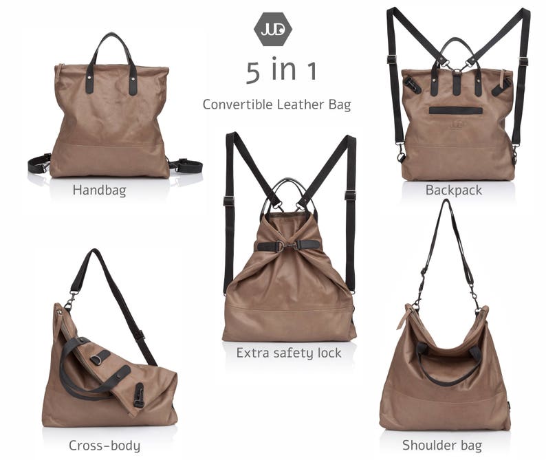 Op de afbeelding: Een bruine leren tas met meerdere banden en gespen, die vijf verschillende manieren laat zien om hem te dragen: als handtas, rugzak, schoudertas, crossbody-tas en met een extra veiligheidsvergrendeling. De tekst "5 in 1 Convertible Leather Bag" wordt boven de tas weergegeven.