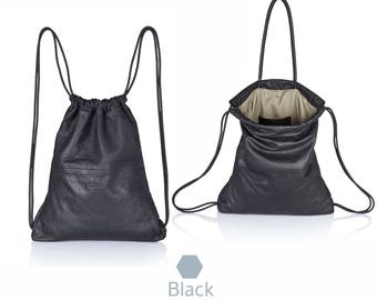 Black leather backpack purse multi-way leather back bag SALE unisex backpack, drawstring backpack rucksack leather tote sack backpack