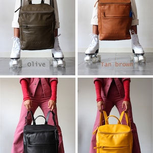 May include: Four different colored leather backpacks, each held by a person wearing roller skates. The backpacks are olive, tan brown, black, and yellow.