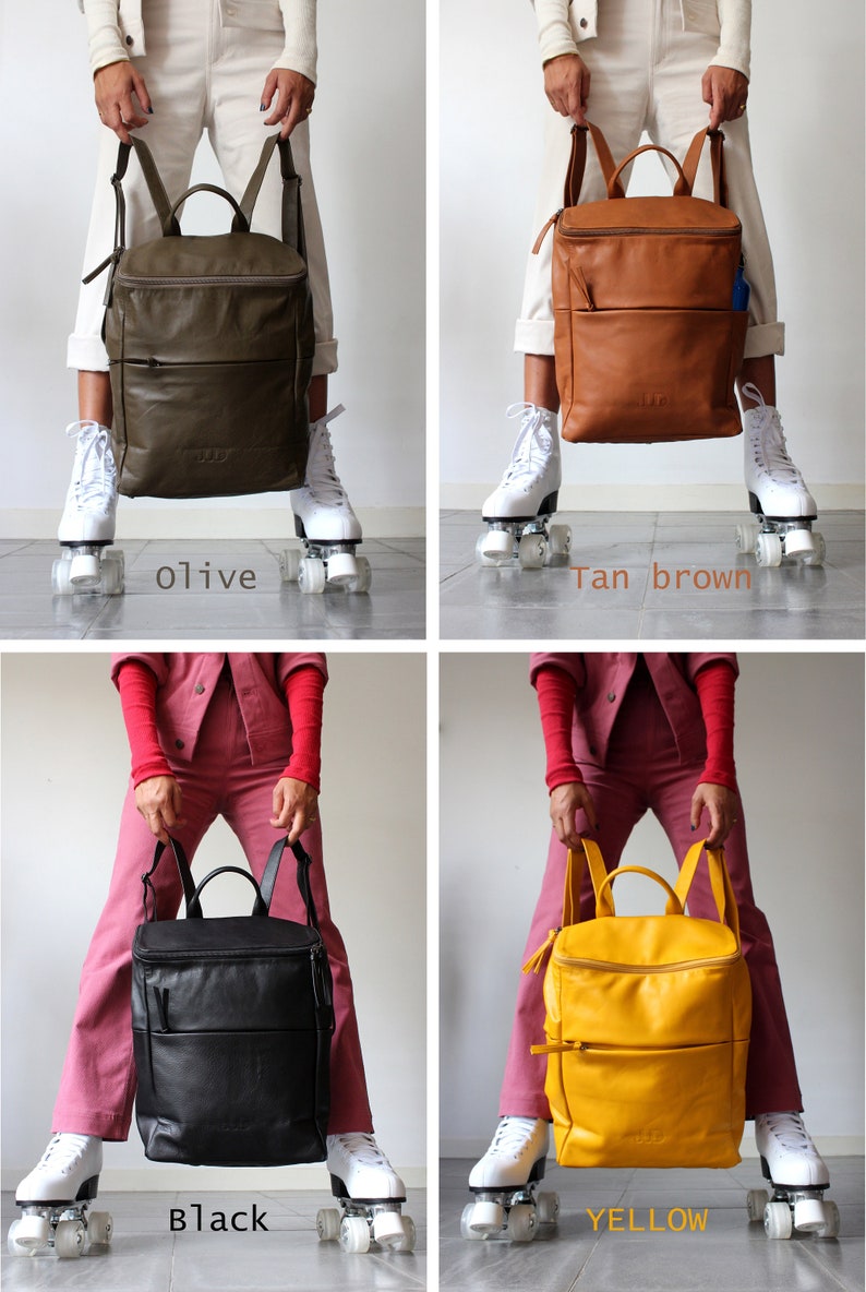 May include: Four different colored leather backpacks, each held by a person wearing roller skates. The backpacks are olive, tan brown, black, and yellow.
