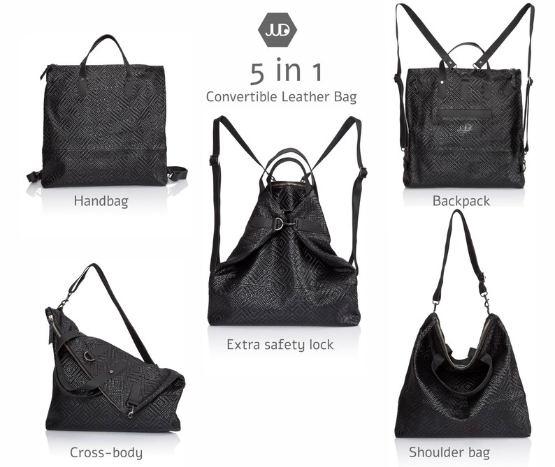 Puede incluir: Un bolso de cuero negro con un patr&oacute;n geom&eacute;trico. El bolso se puede llevar como bolso de mano, mochila, bolso de hombro o bolso de bandolera. Cuenta con un cierre de seguridad y el texto "5 en 1 Bolso de cuero convertible".