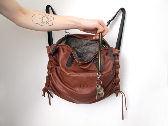 3 in 1 leather backpack laptop bag convertible backpack 3in1 Convertible Backpack, Tote & Crossbody Bag In Soft Italian Napa Leather Cognac brown
