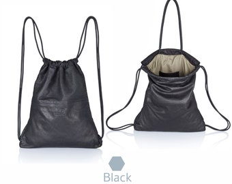 2-in-1 Convertible Leather Drawstring Bag - Black Python 