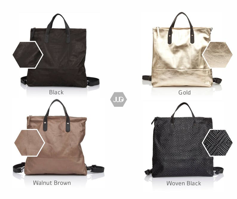 May include: Four different styles of leather backpacks. The backpacks are black, gold, walnut brown, and woven black. Each backpack has a zipper closure and adjustable straps.