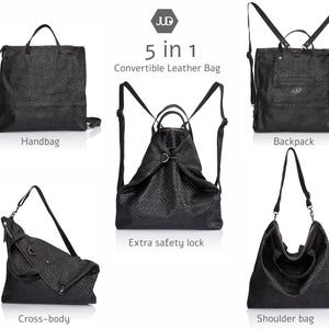 May include: A black leather convertible bag with a geometric pattern. The bag can be worn as a handbag, backpack, shoulder bag, or crossbody bag. It features a safety lock and the brand name "JUD" is printed on the bag.