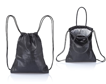 Sac à cordon en cuir convertible 2 en 1 - sac à main en cuir de python noir - sac à dos en cuir de voyage unisexe fait à la main