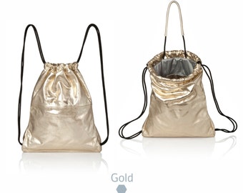 Metallic Gold Leather backpack purse, metallic leather bag SALE leather backpack women laptop bag- drawstring backpack gold leather rucksack