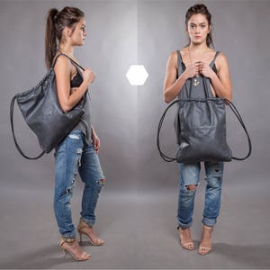 2-in-1 Camel brown soft leather drawstring backpack tote, UNISEX rucksack, leather backpack men/women leather travel backpack Gray