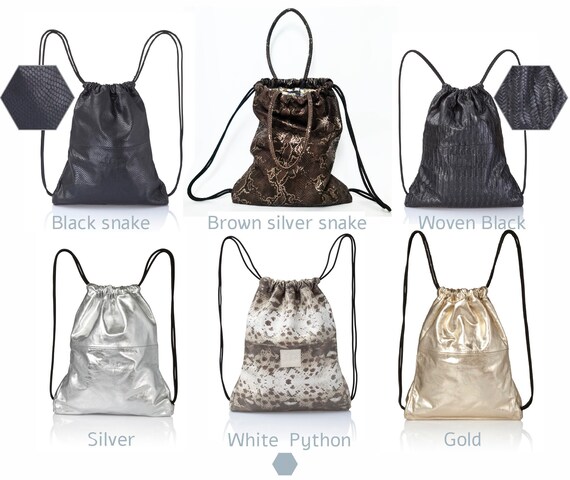 PU Leather Drawstring Backpack Convertible Tote Top Handle 2-in-1 Convertible Leather Drawstring Bag - Black Python  main image 2