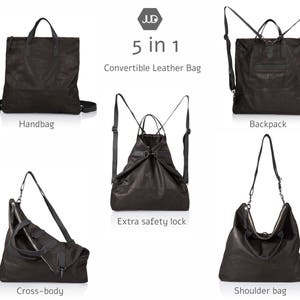 Op de afbeelding: Een zwarte leren tas met meerdere banden en gespen, die vijf verschillende manieren laat zien om hem te dragen: als handtas, rugzak, schoudertas, crossbody-tas en met een extra veiligheidsvergrendeling. De tas is gelabeld "5 in 1 Convertible Leather Bag".
