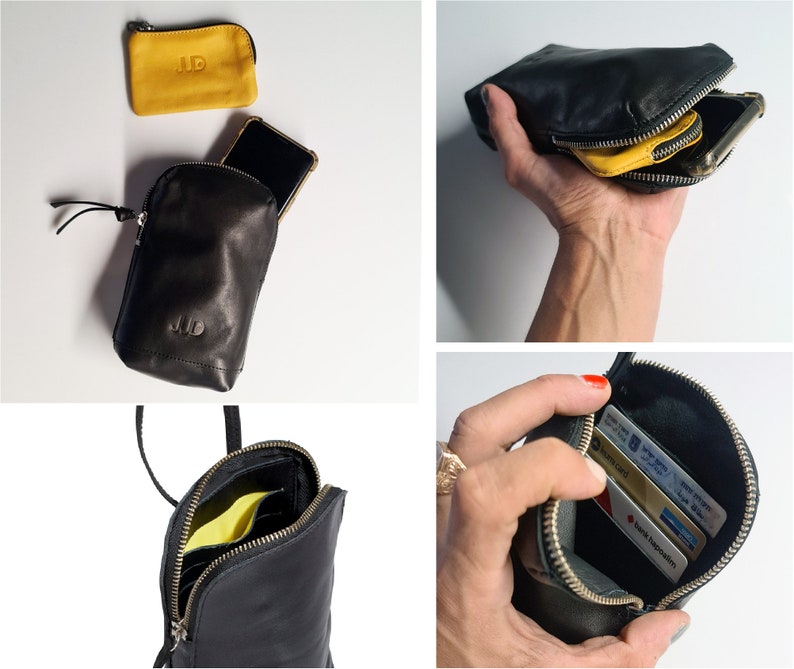 May include: A black leather phone pouch with a zipper closure. The pouch has a small pocket on the front and a larger pocket on the back. The pouch is shown with a phone, cards, and a small yellow leather pouch inside.