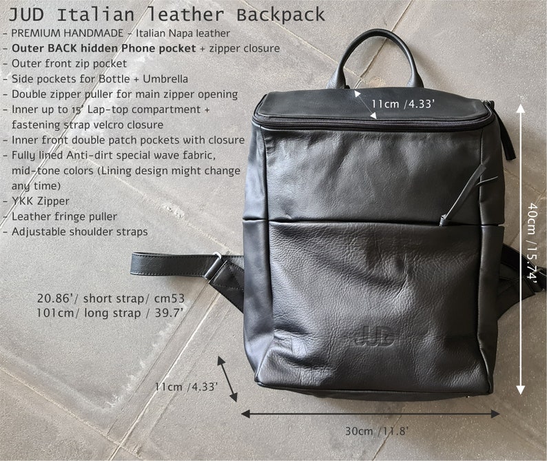 May include: Black leather backpack with adjustable shoulder straps, a zipper closure, and multiple pockets. The backpack measures 15.74 inches tall, 11.8 inches wide, and 4.33 inches deep.