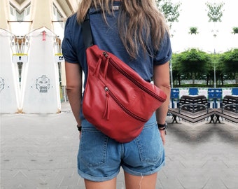 3-in-1 Red leather belt bag UNISEX leather crossbody bag leather hobo bag women slouchy leather waist bag leather sling bag leather belt bag