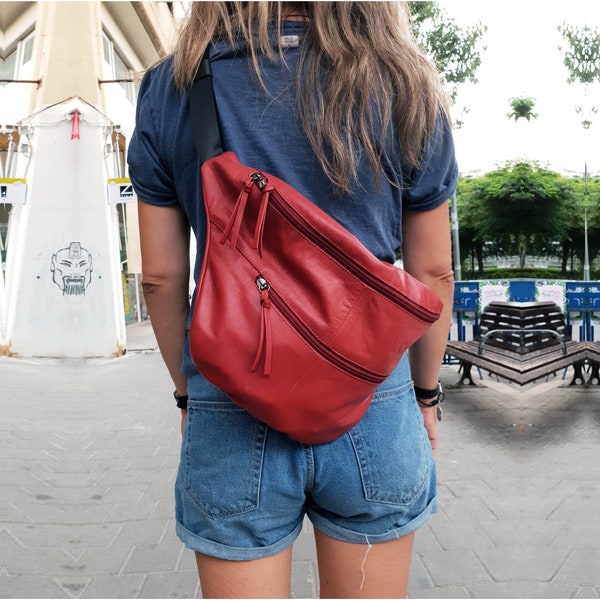 3-in-1 Red leather belt bag UNISEX leather crossbody bag leather hobo bag women slouchy leather waist bag leather sling bag leather belt bag