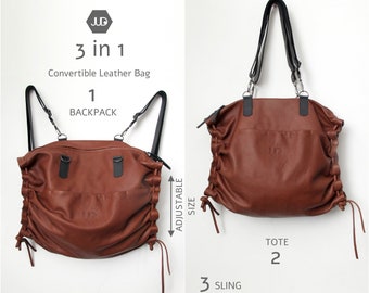 Cognac brown convertible leather backpack tote laptop backpack women crossbody leather bag leather rucksack convertible leather back bag jud