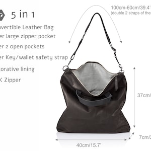 May include: A black leather convertible bag with a zipper closure and two inner pockets. The bag has a top handle and a long adjustable shoulder strap. The bag measures 15.7 inches wide, 14.5 inches tall, and 2.7 inches deep. The strap measures 39.4 inches to 23.6 inches long.
