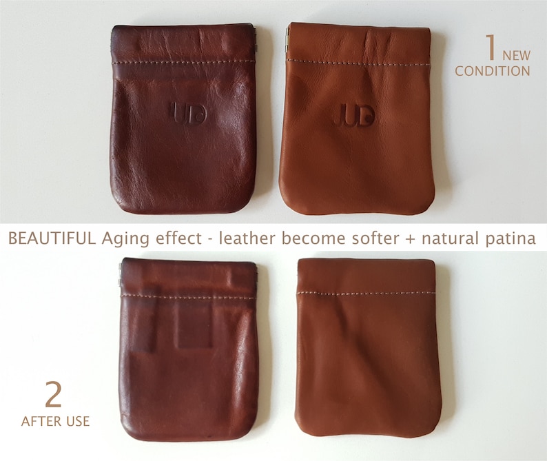May include: Two brown leather pouches with the word "JUD" embossed on them. The pouch on the left is new and the pouch on the right has been used and shows signs of aging. The text "1 NEW CONDITION" is above the pouches on the left and the text "2 AFTER USE" is below the pouches on the right.
