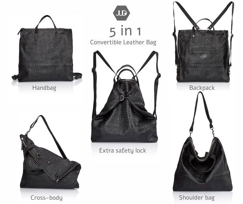 May include: A black leather convertible bag with a geometric pattern. The bag can be worn as a handbag, backpack, shoulder bag, or crossbody bag. It features a safety lock and the brand name "JUD" is printed on the bag.