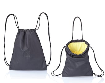 Black canvas drawstring backpack tote - black backpack -  drawstring bag - rucksack - women travel bag - men travel bag - laptop bag