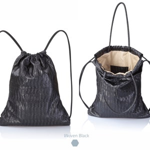 Woven leather backpack purse SALE multiway leather back bag women leather handbag cinch sack leather tote soft leather drawstring bag Woven Black
