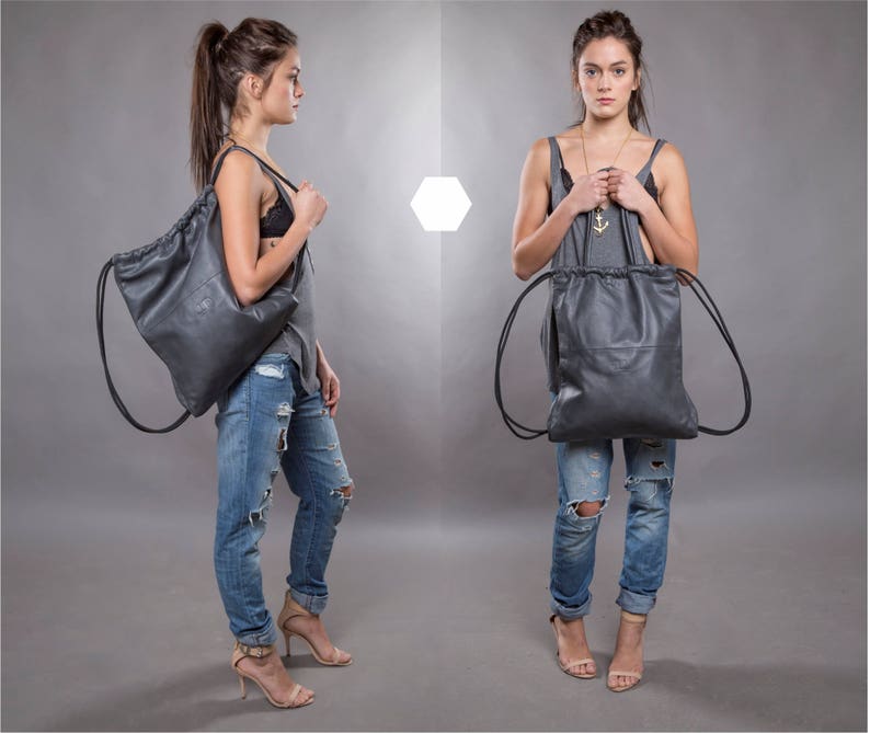 Woven leather backpack purse SALE multiway leather back bag women leather handbag cinch sack leather tote soft leather drawstring bag Gray