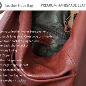 May include: A red leather hobo bag with a zipped pocket and a magnetic closure. The bag features an adjustable strap, a phone pocket, and multiple inner pockets. The bag is made of Italian napa leather and has a leather fringe puller. The bag is lightweight and spacious.  "PREMIUM HANDMADE LEATHER" is printed on the top of the image.
