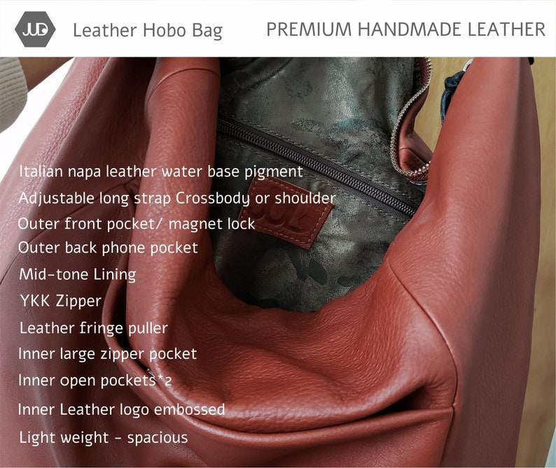 May include: A red leather hobo bag with a zipped pocket and a magnetic closure. The bag features an adjustable strap, a phone pocket, and multiple inner pockets. The bag is made of Italian napa leather and has a leather fringe puller. The bag is lightweight and spacious.  "PREMIUM HANDMADE LEATHER" is printed on the top of the image.
