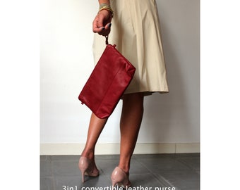 3in1 Burgundy red leather belt bag- large leather fanny pack- soft leather bag leather crossbody women leather purse-leather bum bag