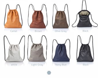 HOBO Leather Drawstring Backpack in Light Gray Leather Drawstring Backpack Tote, Sack bag, String Bag – judtlv main image 4