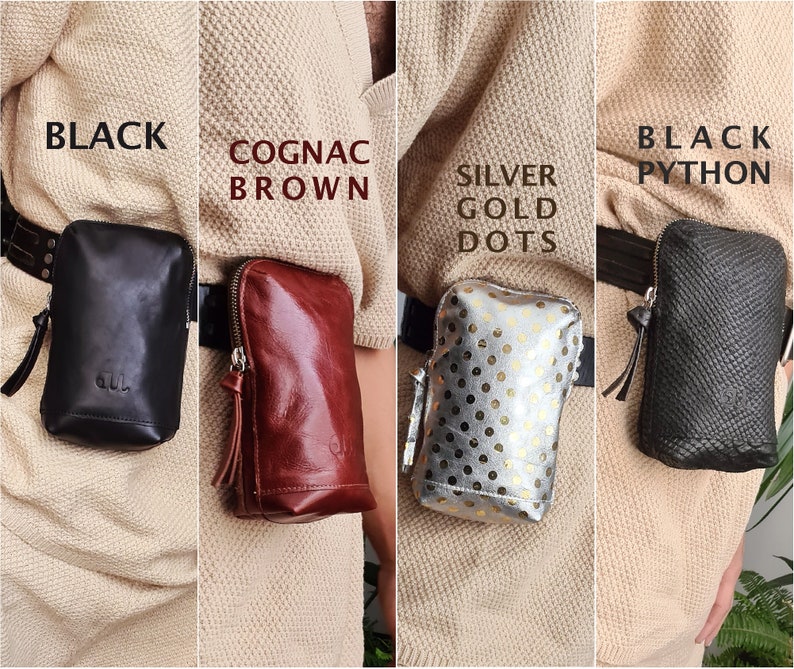 May include: Four different styles of leather fanny packs. The first is black leather, the second is cognac brown leather, the third is silver with gold dots, and the fourth is black python leather.