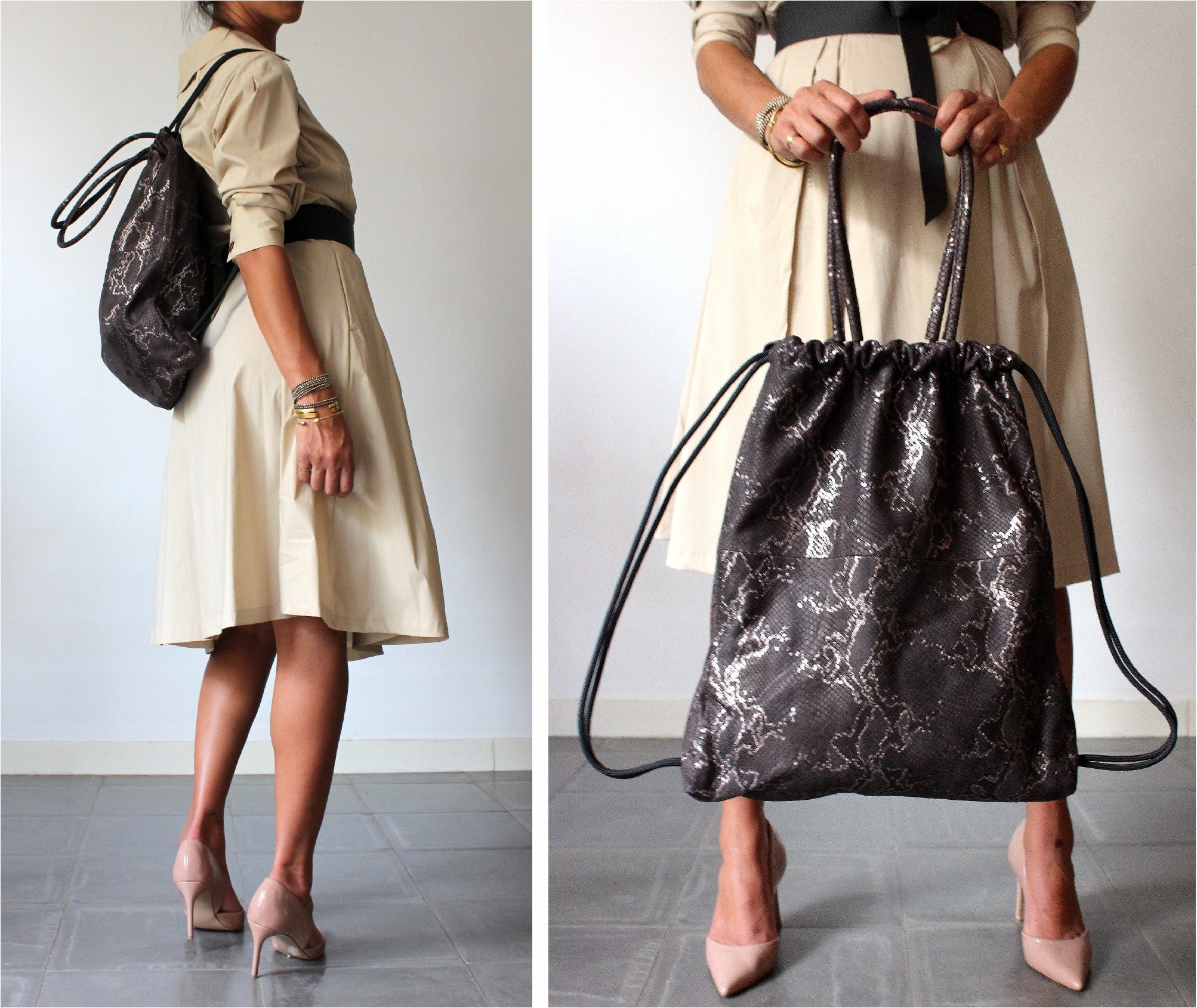 Silver Leather Backpack Tote Multi-way Sack Leather Bag SALE