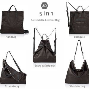 May include: A black leather bag that can be worn as a handbag, backpack, shoulder bag, or crossbody bag. The bag has a zipper closure and a buckle on the front. The bag is 5 in 1 convertible.