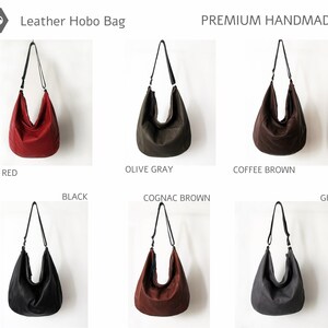 May include: Leather hobo bag in six colours: red, olive grey, coffee brown, black, cognac brown, and grey. The bag has a single strap and a curved shape.