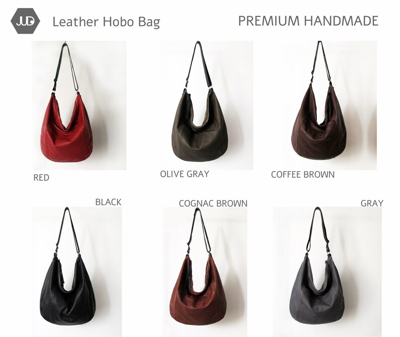 May include: Leather hobo bag in six colours: red, olive grey, coffee brown, black, cognac brown, and grey. The bag has a single strap and a curved shape.