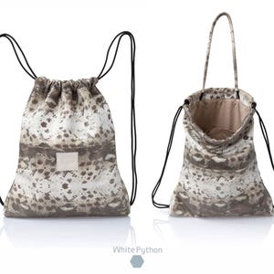 2-in-1 Convertible tan leather drawstring bag Handmade unisex travel leather backpack in soft camel brown Leather White Python