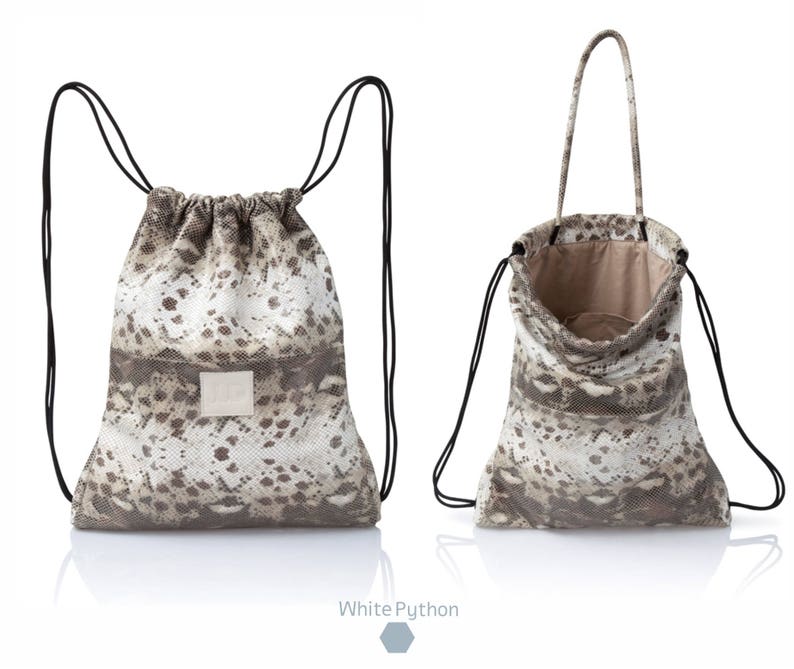 2-in-1 Convertible tan leather drawstring bag Handmade unisex travel leather backpack in soft camel brown Leather White Python