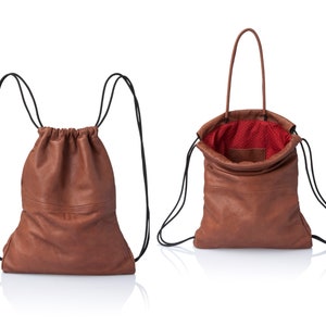 2-in-1 Convertible tan leather drawstring bag Handmade unisex travel leather backpack in soft camel brown Leather Brown