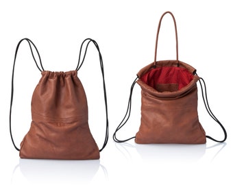 Two-Tone Tan and Dark Brown Leather Drawstring Backpack Two-Tone Leather Drawstring Backpack – Structured Commuter  main image 4
