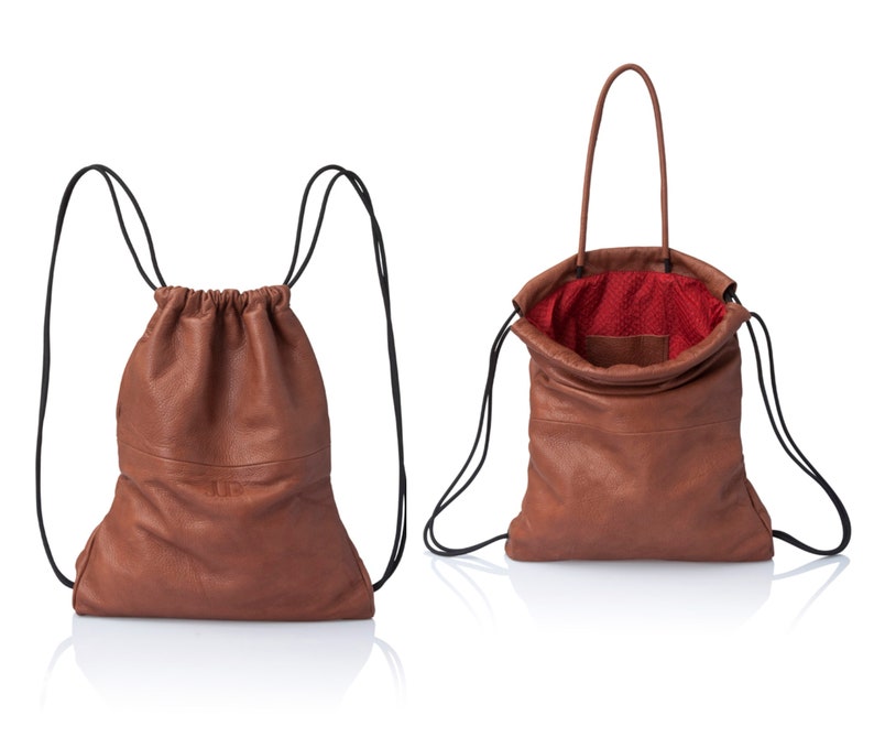 2-in-1 Convertible tan leather drawstring bag Handmade unisex travel leather backpack in soft camel brown Leather Brown