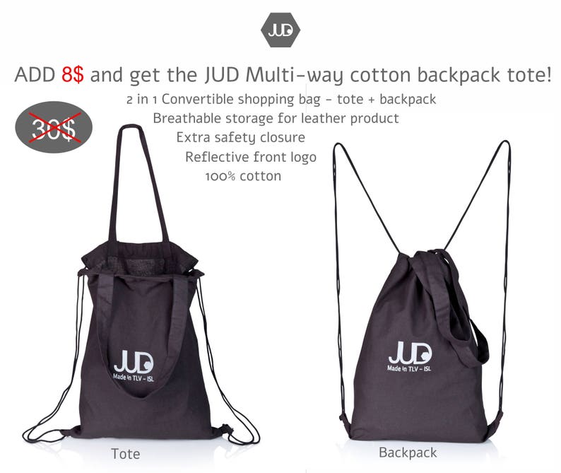 Puede incluir: Una bolsa de lona negra con cierre de cord&oacute;n y correas ajustables. La bolsa se puede usar como una bolsa de mano o una mochila. La bolsa tiene un logotipo reflectante que dice "JUD Made in TLV - ISL".
