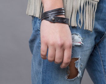 SALE Black leather wrap bracelet - Men double wrap leather bracelet - Cuff bracelet - Black leather bracelet - Men bracelet - Women bracelet