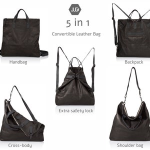 Bolso bandolera de cuero negro tejido / bolso bandolera convertible de cuero, bolso mochila unisex, mochila de mensajero de cuero para mujeres y hombres imagen 8