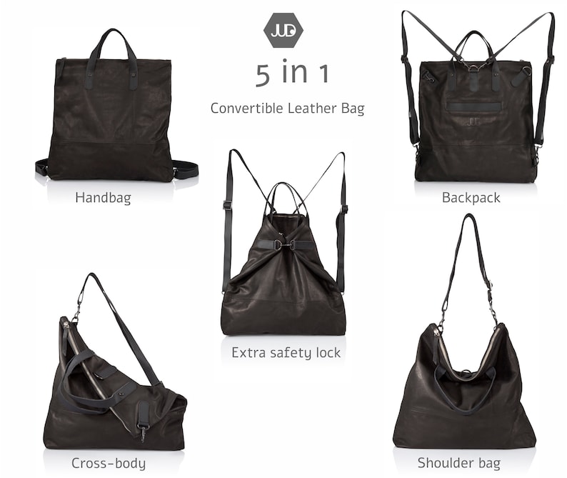 Bolso bandolera de cuero negro tejido / bolso bandolera convertible de cuero, bolso mochila unisex, mochila de mensajero de cuero para mujeres y hombres imagen 8
